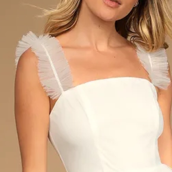 Lulu’s Divine Invitation White Cream Dot Tulle Ruffle Fun Midi Bridal Dress - Picture 7 of 10